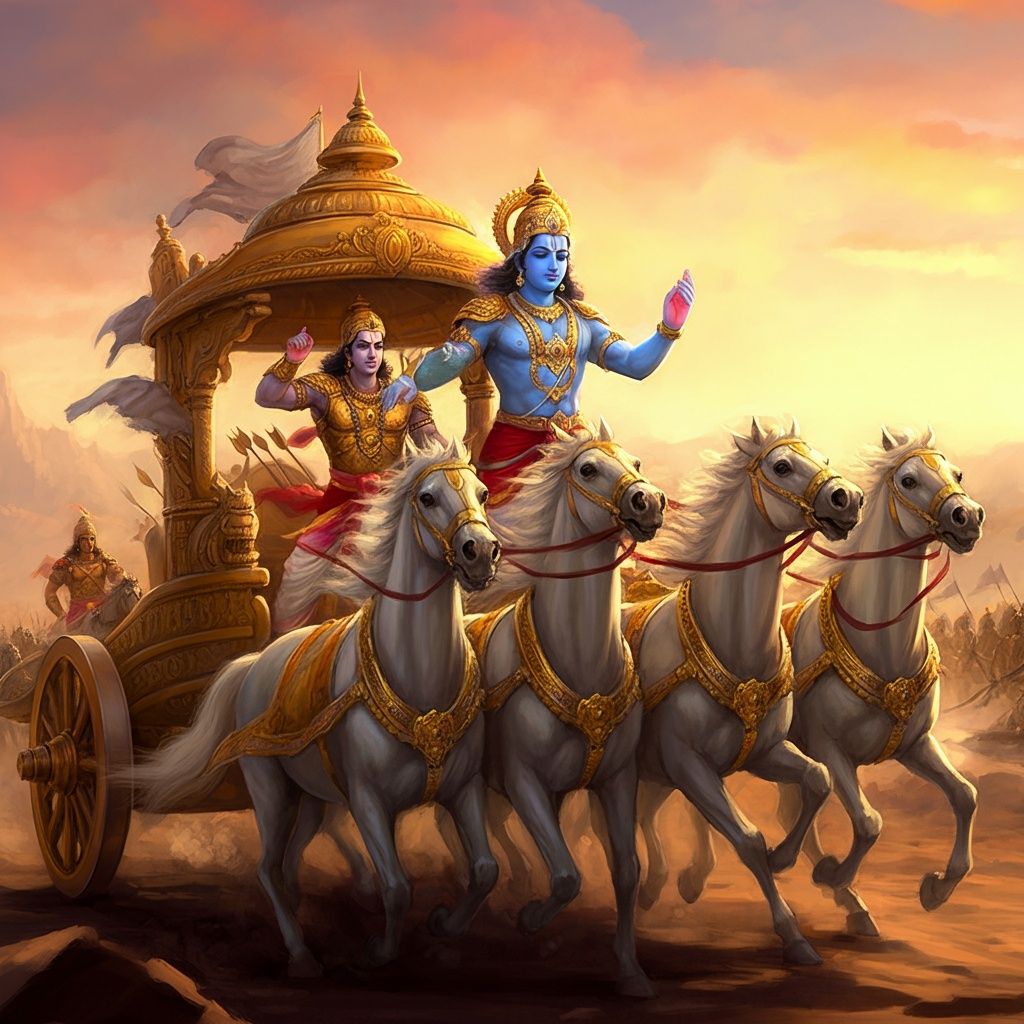 Mahabharata war scene with Arjuna and Krishna